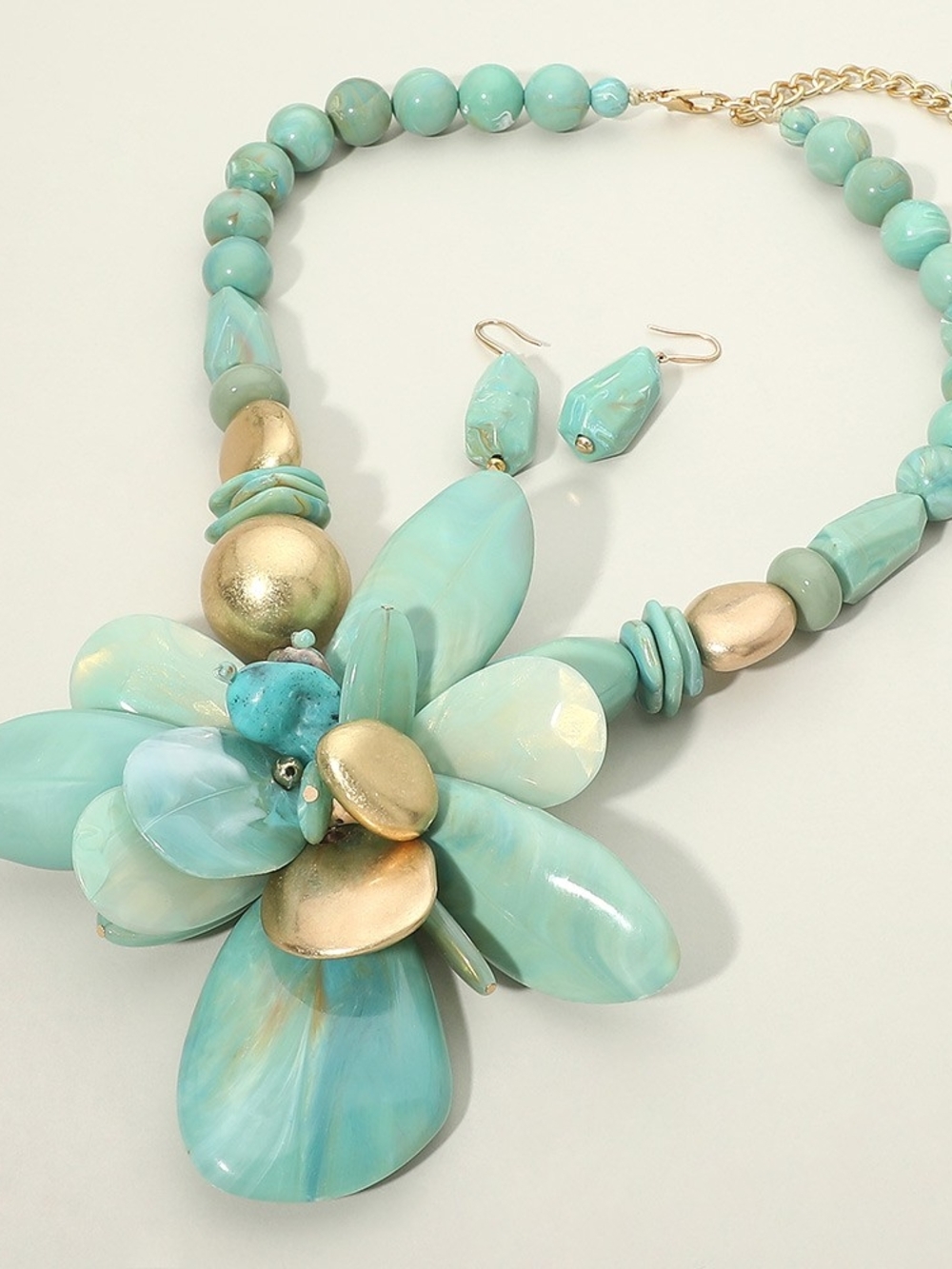 Turquoise Floral Statement Necklace and Earrings - Gold Accents